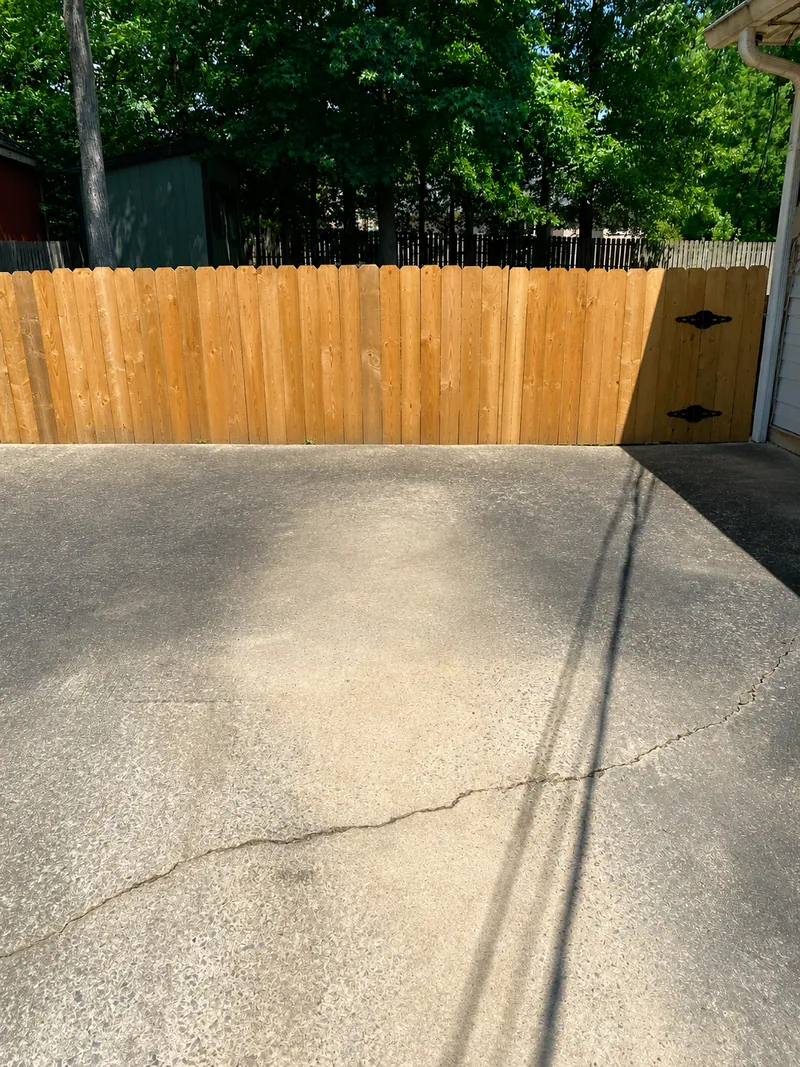The same driveway swept clear against the same wood fence, with nothing left on the concrete.